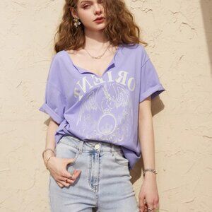 Temperament purple V-neck T-shirt lazy style retro design feel top